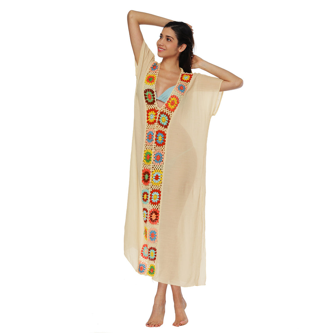Damen Häkel-Strandkleid mit buntem Blumendesign EB
