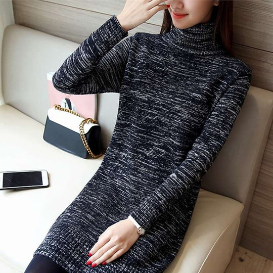 Damen Strickkleid mit hohem Rollkragen und gerippten Details EB