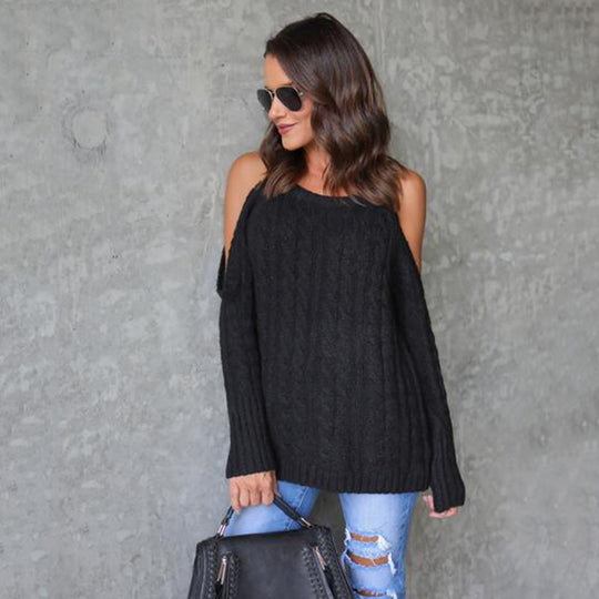 Damen Strickpullover mit off-shoulder Design und detaillierter Zopfstruktur EB