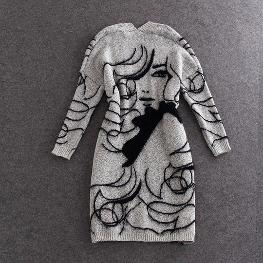 Damen Strickmantel mit künstlerischem Motiv und offener Front EB