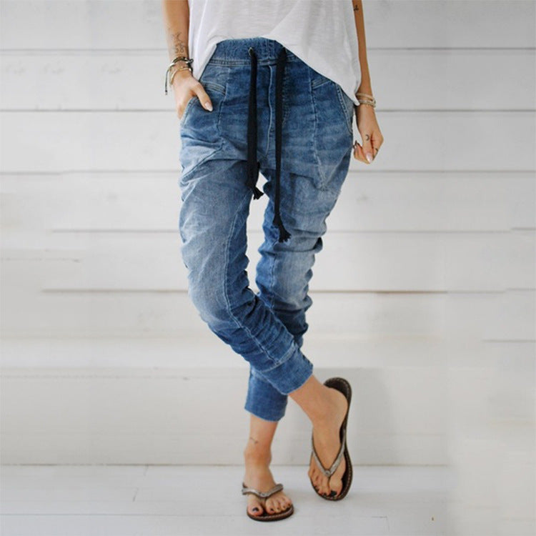 Damen lässige Denim-Haremshose mit Gummizug und tiefem Schritt EB