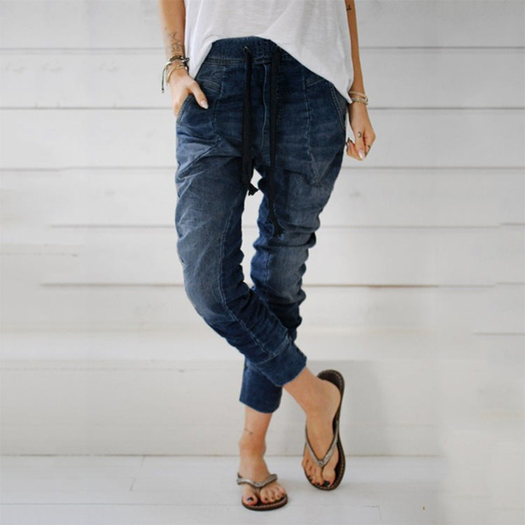 Damen lässige Denim-Haremshose mit Gummizug und tiefem Schritt EB