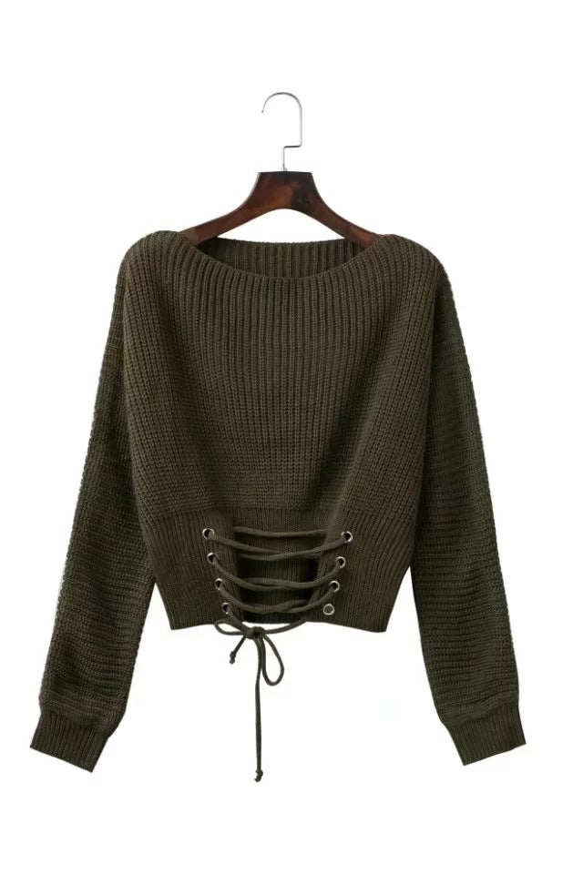 Damen Strickpullover mit ausgefallenem Rückenschnürdesign und weitem Schnitt EB