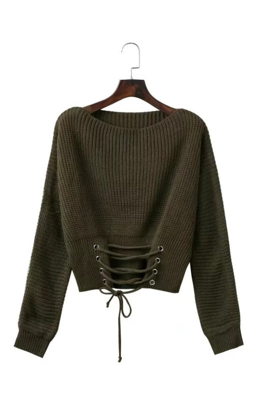 Damen Strickpullover mit ausgefallenem Rückenschnürdesign und weitem Schnitt EB