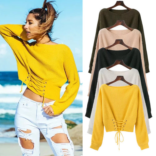 Damen Strickpullover mit ausgefallenem Rückenschnürdesign und weitem Schnitt EB