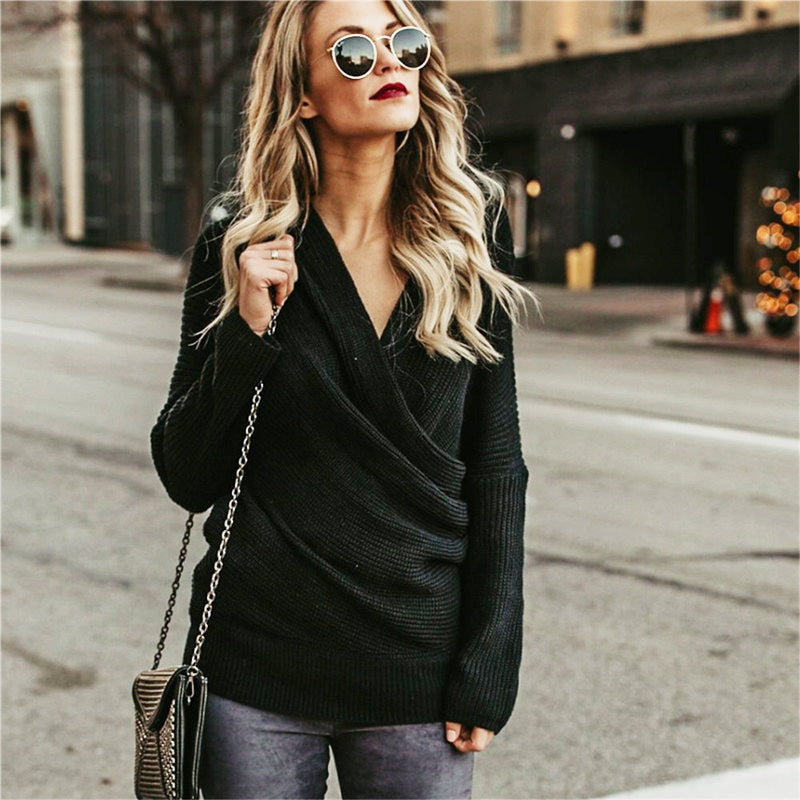 Damen Strickpullover mit Off-Shoulder-Design und eleganter Wickeloptik EB