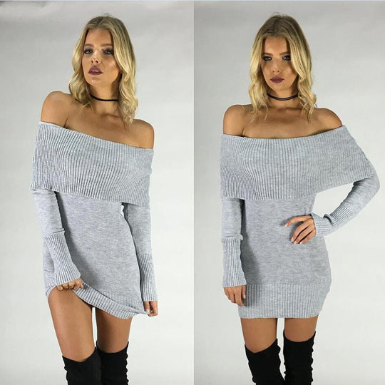Damen Strickkleid mit Off-Shoulder-Design und dekorativem Kordelzug EB