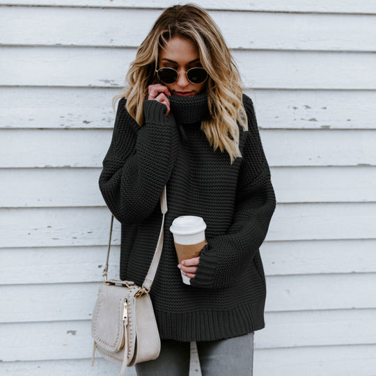 Damen Grobstrickpullover mit hohem Kragen und lässiger Passform EB
