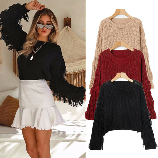 Damen Grobstrickpullover mit fransigen Ärmeln und lässigem Schnitt EB