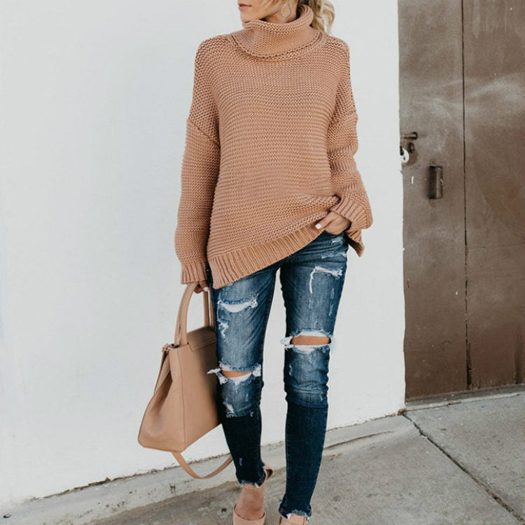 Damen Grobstrickpullover mit hohem Kragen und modischen Details EB