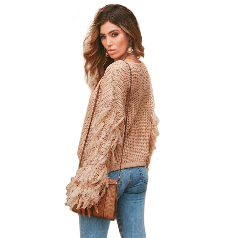 Damen Strickpullover mit fransigen Ärmeln und einzigartigem Strukturdesign EB