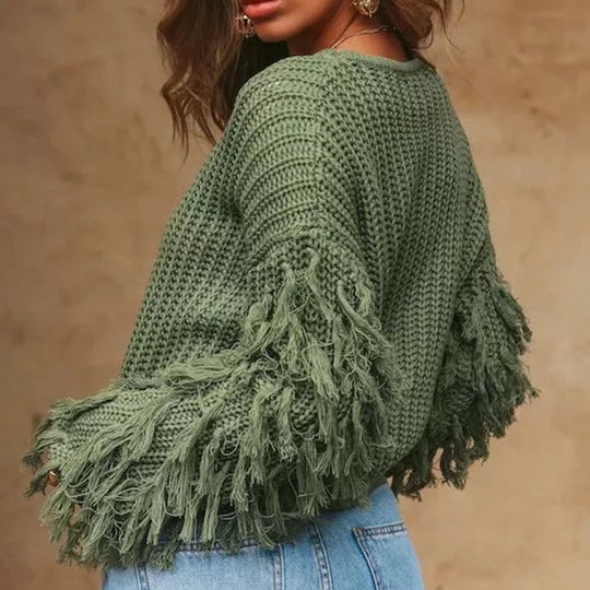 Damen Grobstrickpullover mit modischen Fransenärmeln EB