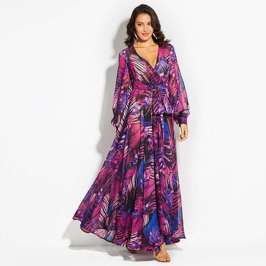 Damen Maxi-Kleid mit floralem Print und voluminösen Ärmeln EB