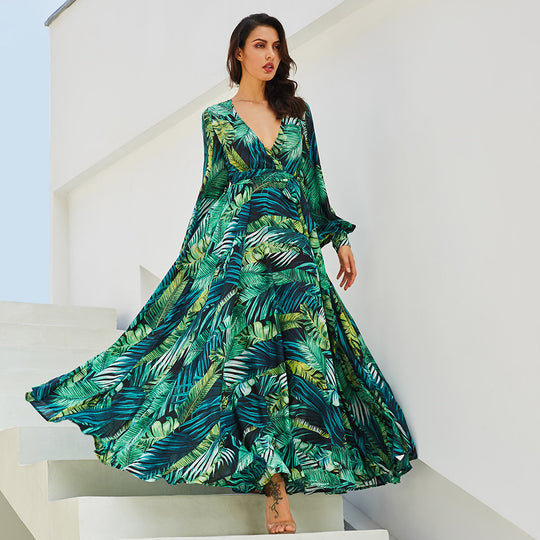 Damen Maxi-Kleid mit floralem Print und voluminösen Ärmeln EB