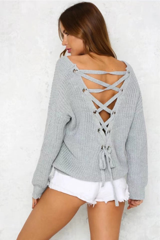 Damen lässiger Strickpullover mit dekorativem Rückenausschnitt und Kordelzug EB