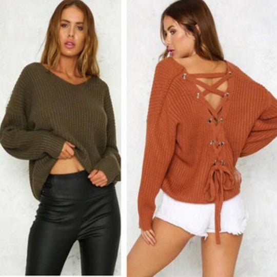 Damen lässiger Strickpullover mit dekorativem Rückenausschnitt und Kordelzug EB