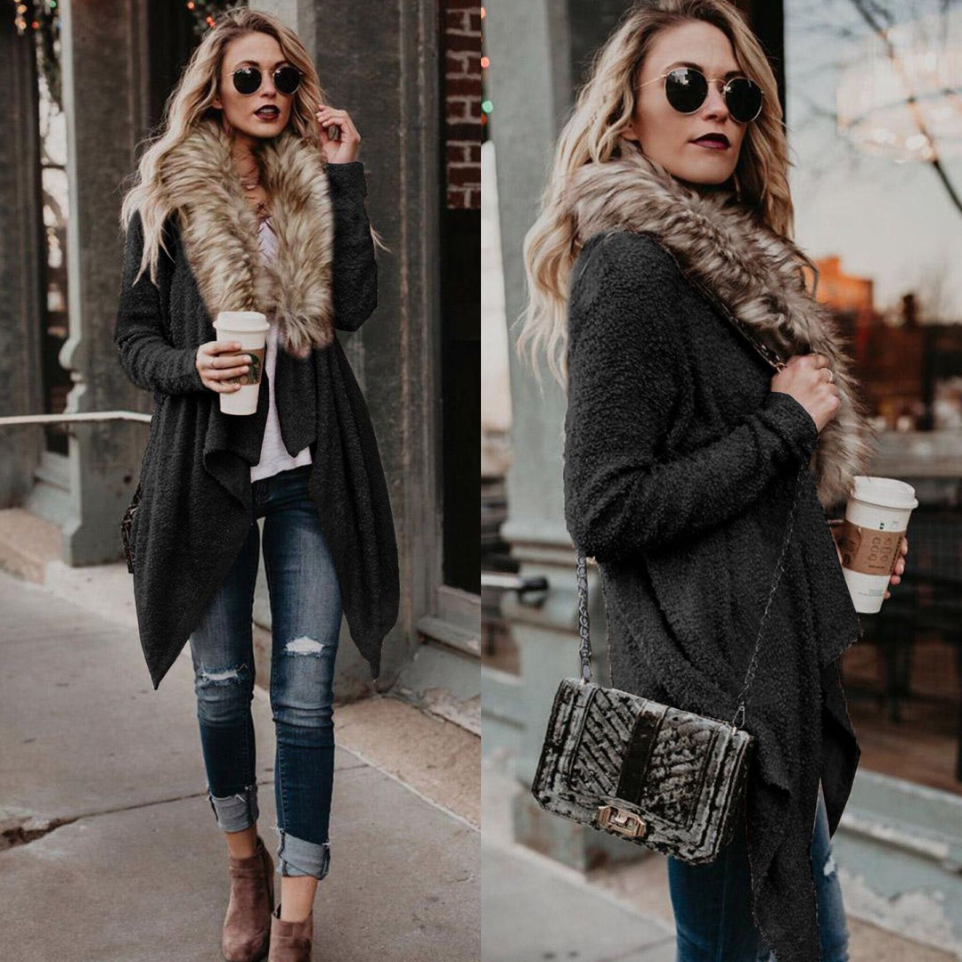 Damen Strickjacke mit kuscheligem Kragen und asymmetrischem Schnitt EB