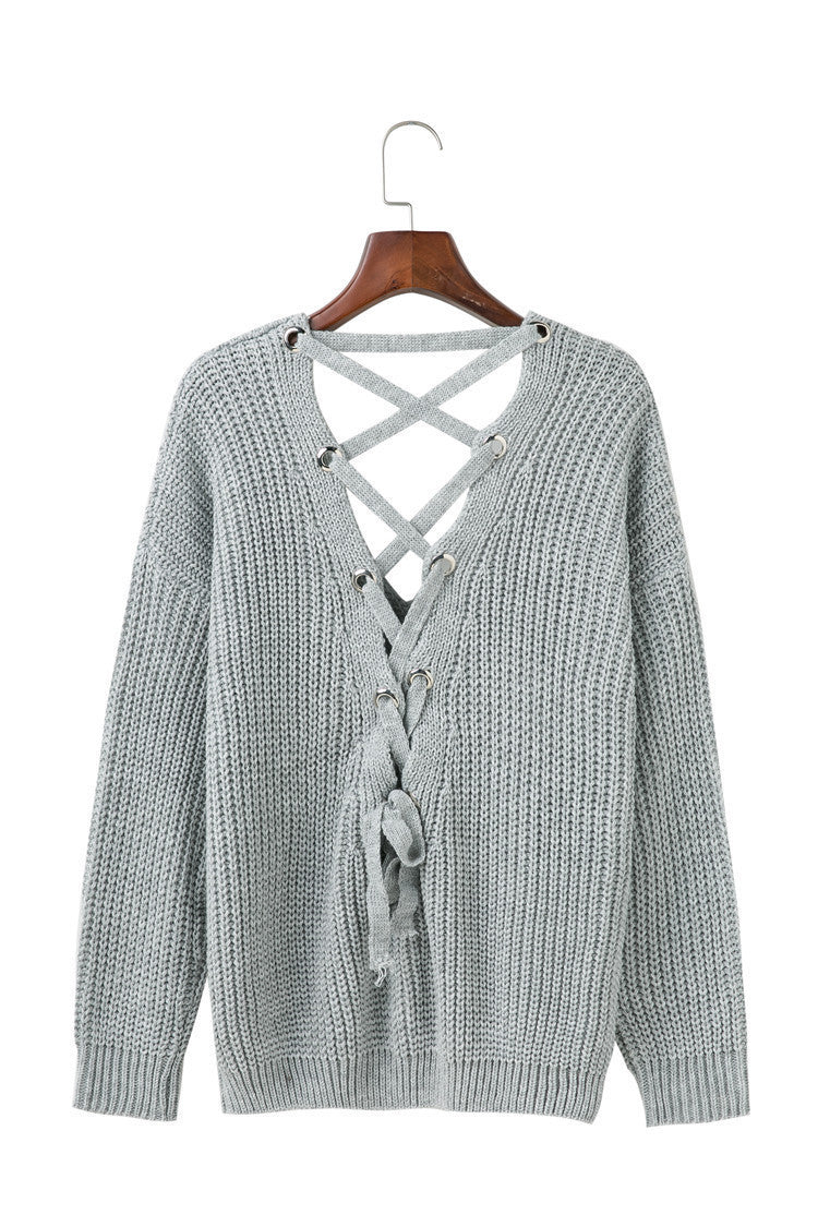Damen Strickpullover mit verziertem V-Ausschnitt und Kordelzug EB
