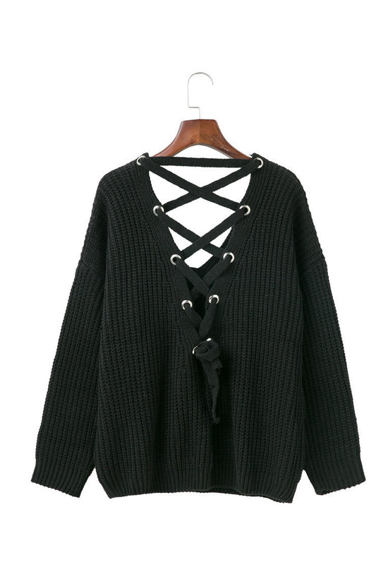 Damen Strickpullover mit verziertem V-Ausschnitt und Kordelzug EB