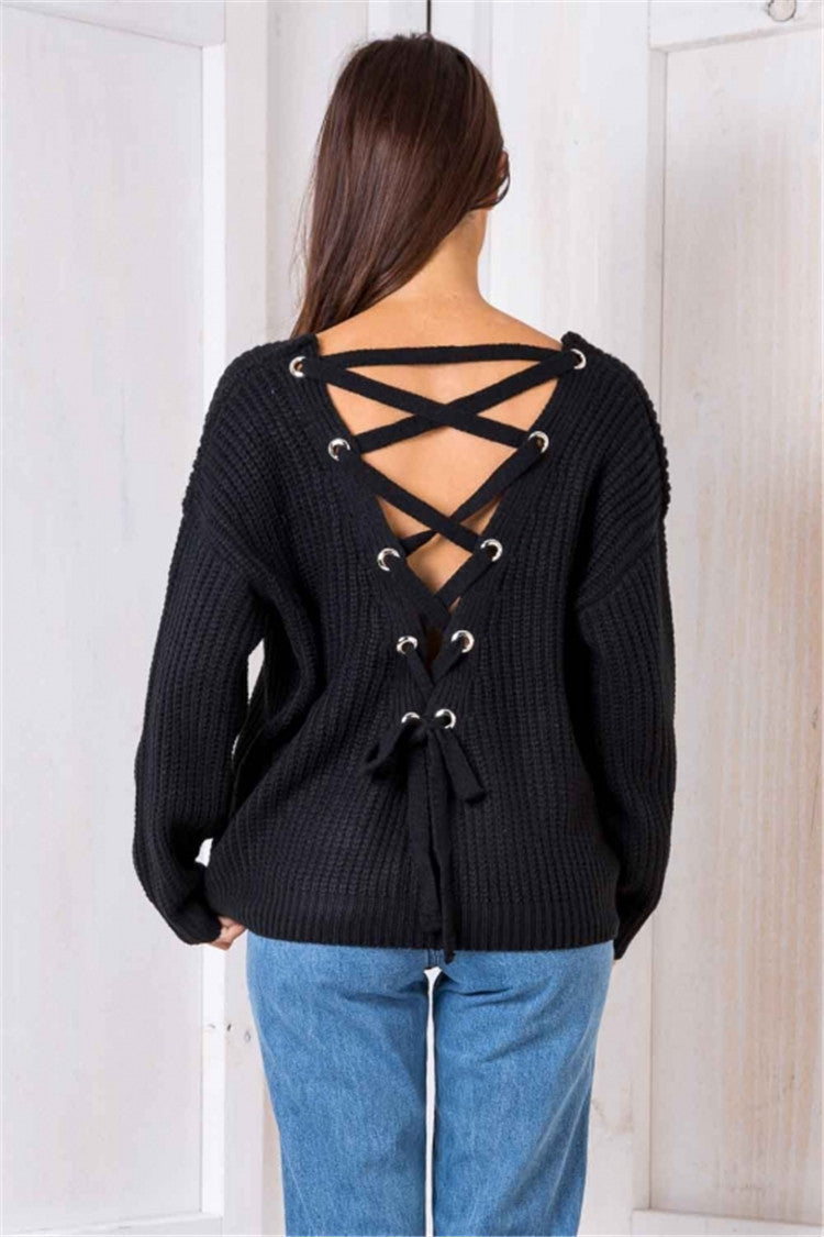 Damen Strickpullover mit verziertem V-Ausschnitt und Kordelzug EB