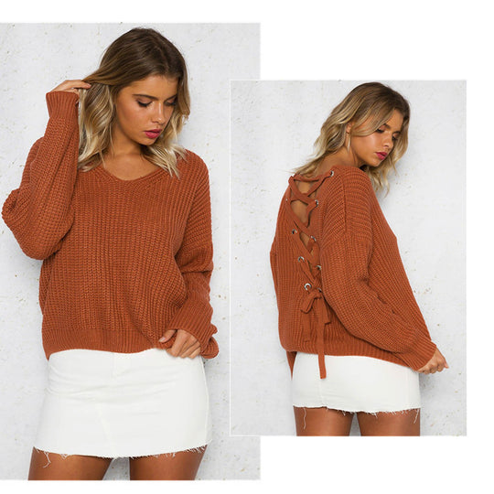 Damen Strickpullover mit verziertem V-Ausschnitt und Kordelzug EB