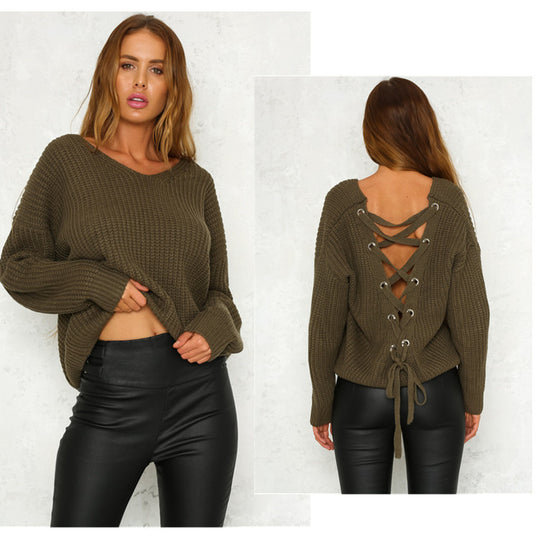 Damen Strickpullover mit verziertem V-Ausschnitt und Kordelzug EB