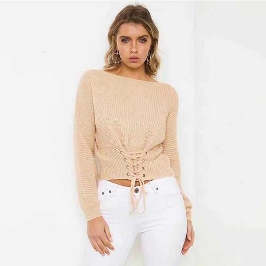 Damen cropped Strickpullover mit trendiger Schnürung EB