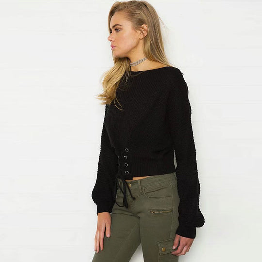 Damen cropped Strickpullover mit trendiger Schnürung EB