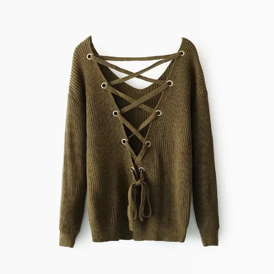 Damen Strickpullover mit tiefem V-Ausschnitt und dekorativem Rückendesign EB