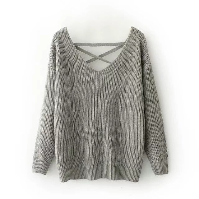 Damen Strickpullover mit tiefem V-Ausschnitt und dekorativem Rückendesign EB
