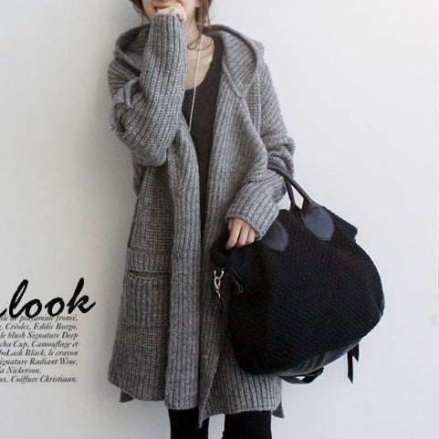 Damen Grober Strickmantel mit Kapuze und offenem Schnitt EB