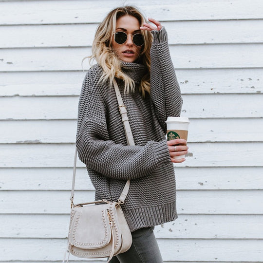 Damen Oversized Strickpullover mit hohem Kragen EB