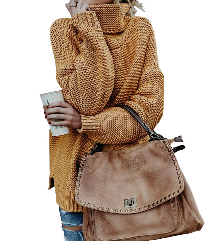 Damen Grobstrickpullover mit hohem Kragen und modischen Details EB