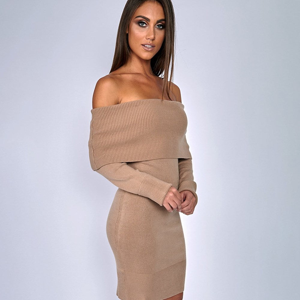 Damen Off-Shoulder Strickkleid mit langen Ärmeln EB