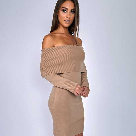 Damen Off-Shoulder Strickkleid mit langen Ärmeln EB