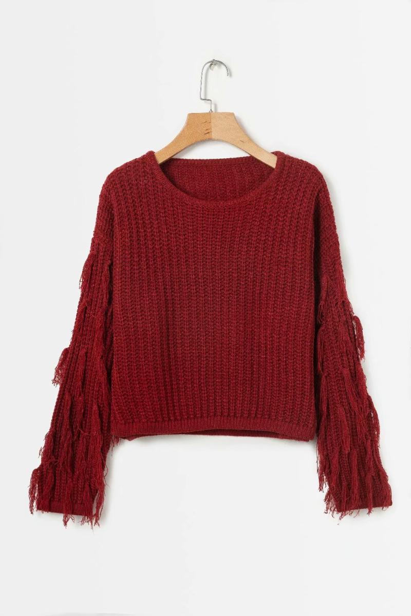 Damen trendiger Strickpullover mit ausgefallenen Fransenärmeln EB