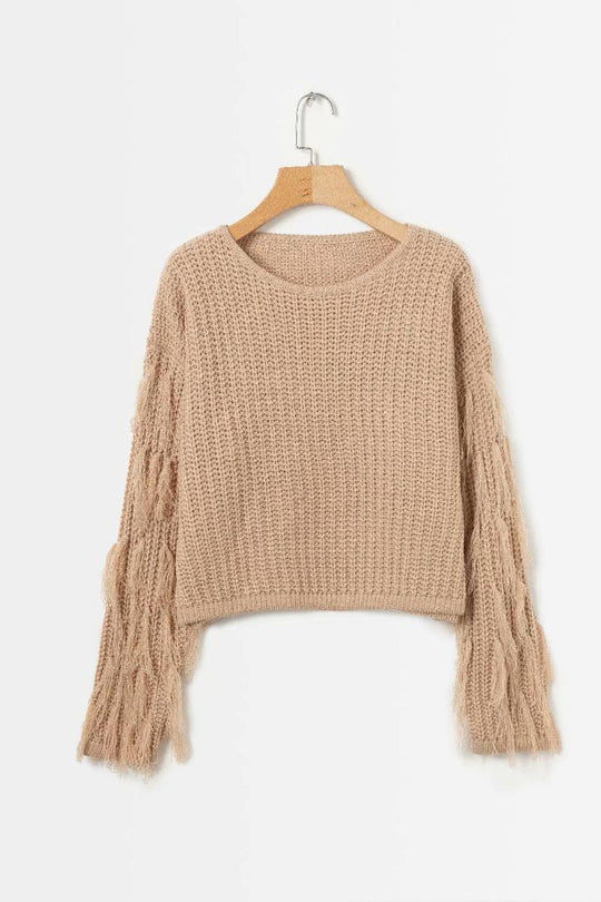 Damen trendiger Strickpullover mit ausgefallenen Fransenärmeln EB