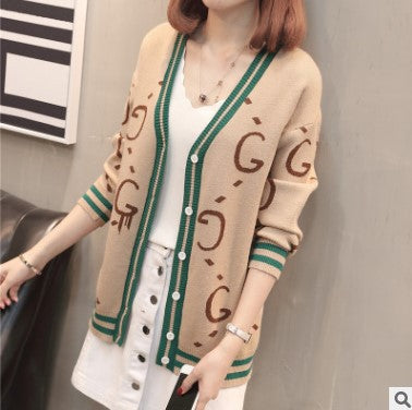 Damen Strickjacke mit tiefem V-Ausschnitt und bunten grafischen Mustern EB