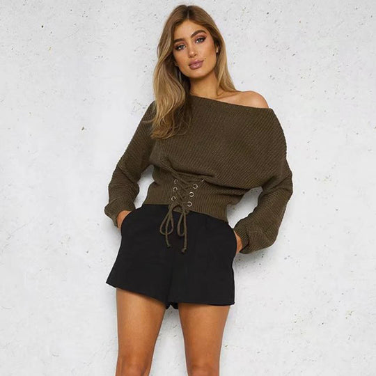 Damen Strickpullover mit vorderem Schnürdesign und modernem Schnitt EB