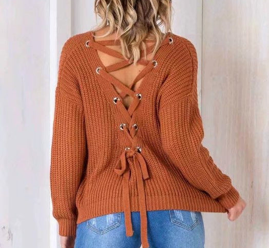 Damen lässiger Strickpullover mit dekorativem Rückenausschnitt und Kordelzug EB