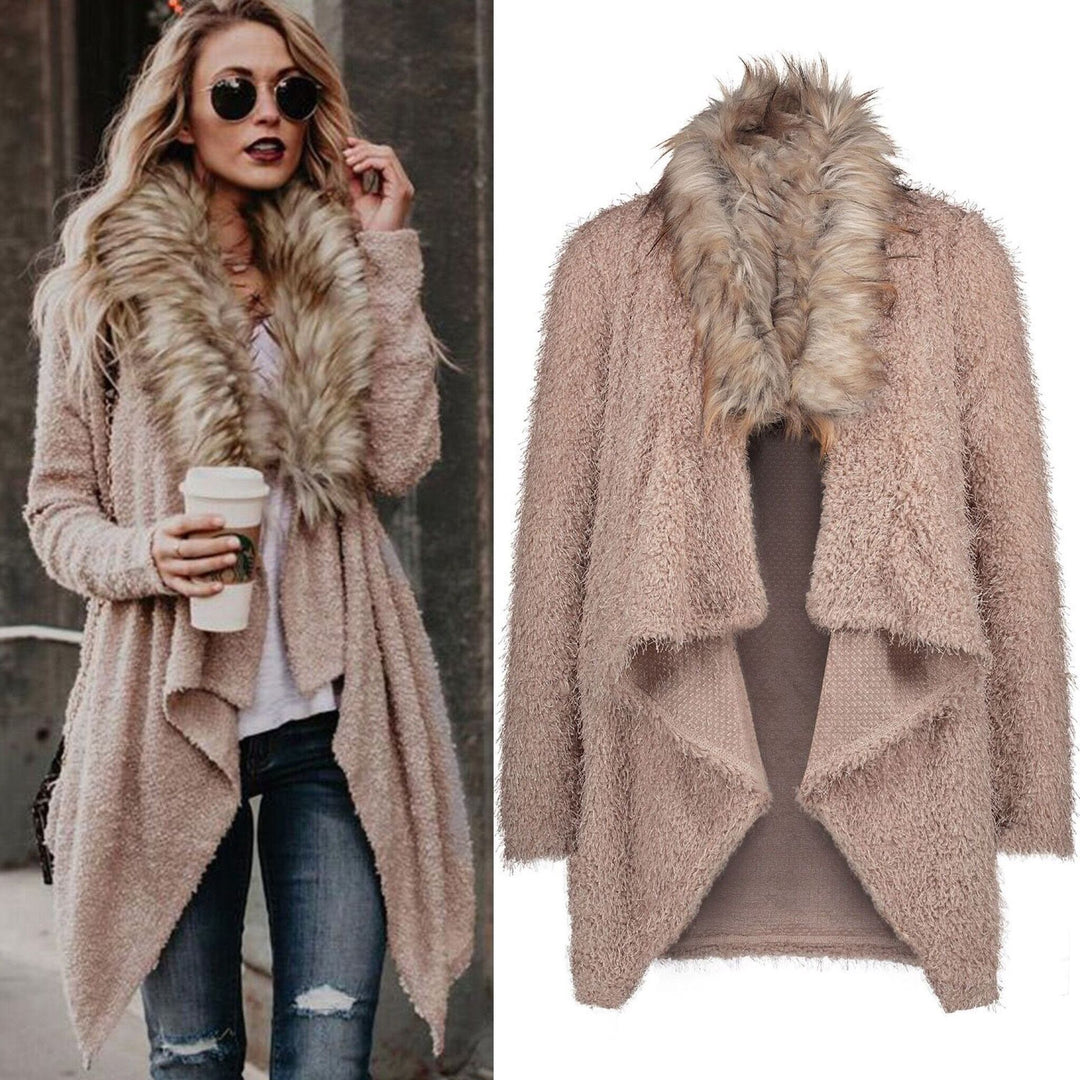 Damen Strickmantel mit luxuriösem Kunstfellkragen und lässigem Schnitt EB