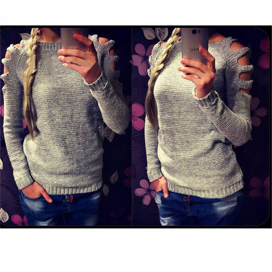 Damen Strickpullover mit innovativem Cut-Out-Design und glitzernden Details EB