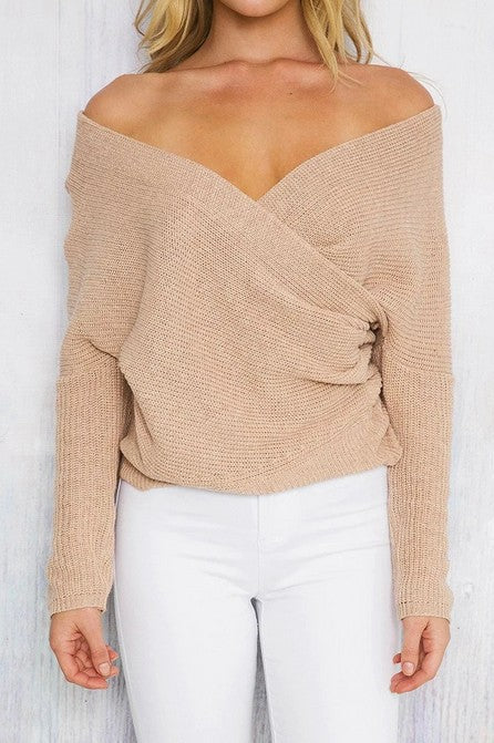 Damen Wickelpullover mit Off-Shoulder Design und lockerem Schnitt EB