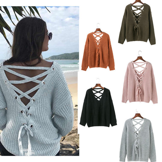 Damen Strickpullover mit verziertem V-Ausschnitt und Kordelzug EB