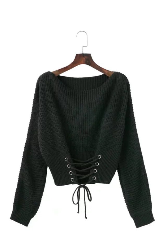 Damen Strickpullover mit ausgefallenem Rückenschnürdesign und weitem Schnitt EB
