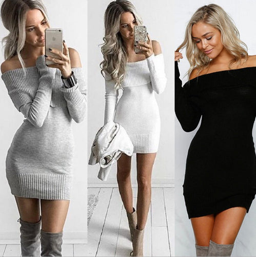 Damen Strickkleid mit Off-Shoulder-Design und dekorativem Kordelzug EB