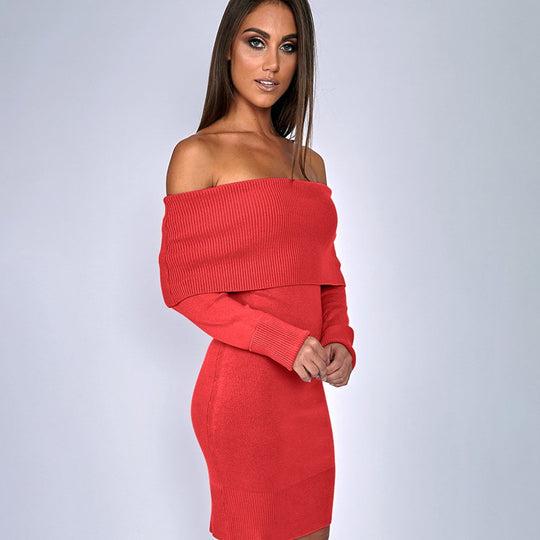 Damen Off-Shoulder Strickkleid mit langen Ärmeln EB