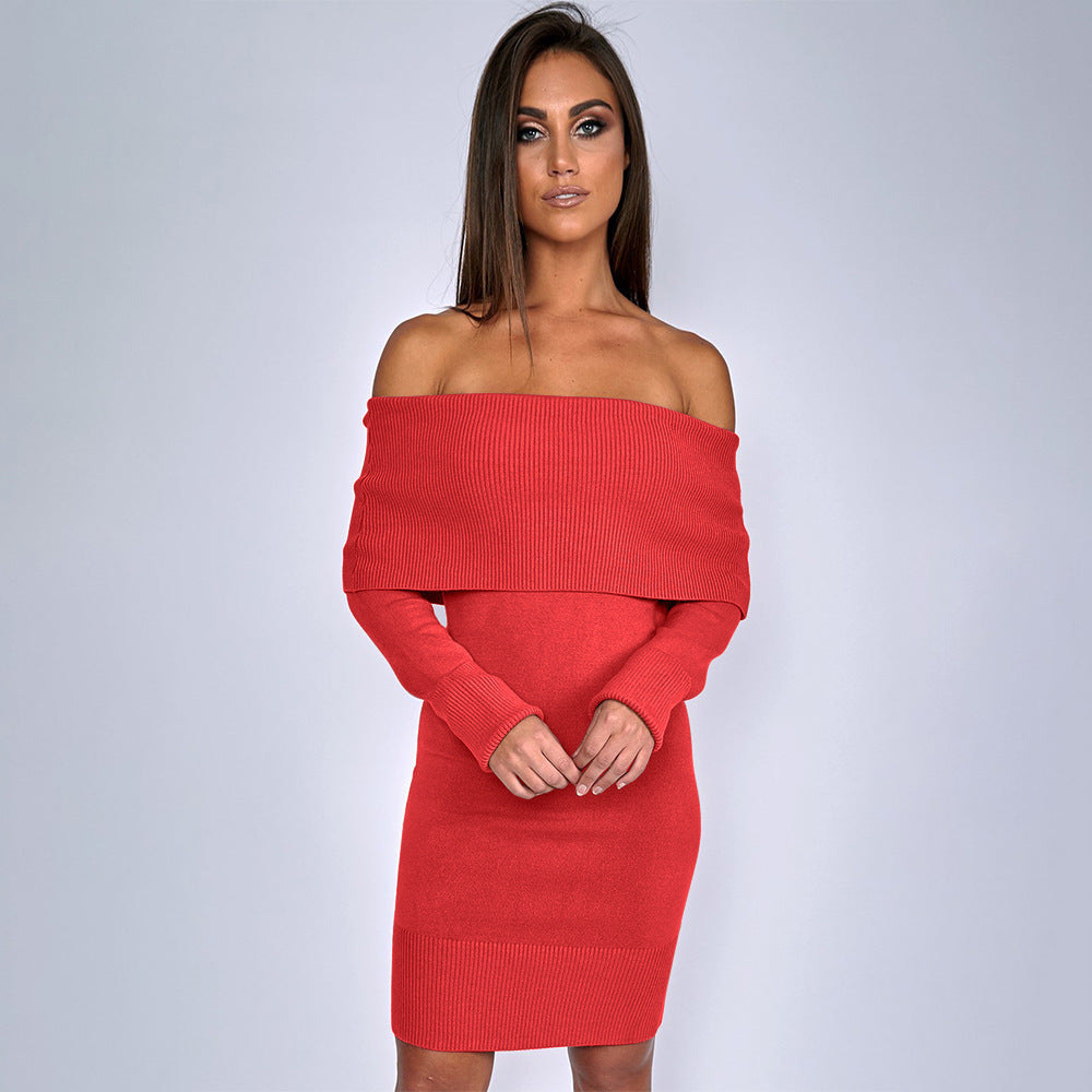 Damen Strickkleid mit Off-Shoulder Design und dekorativem Kordelzug EB
