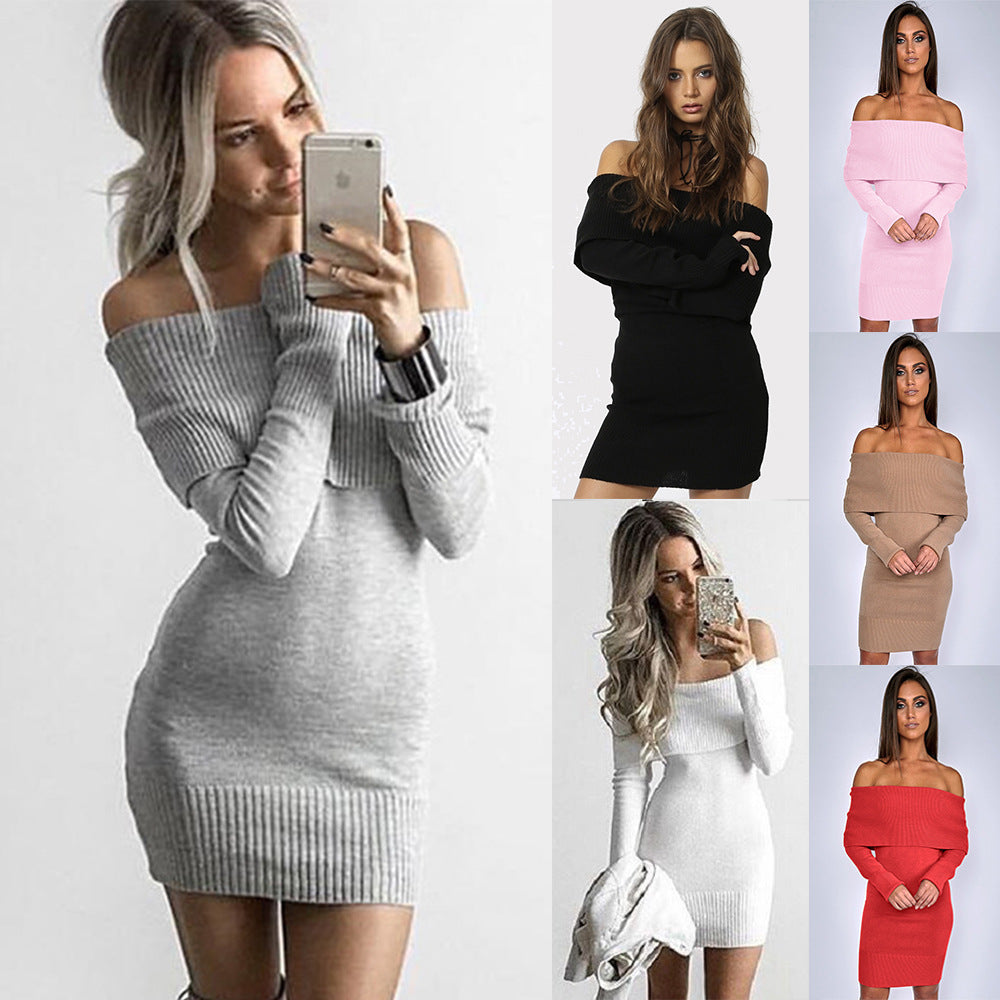 Damen Strickkleid mit Off-Shoulder Design und dekorativem Kordelzug EB