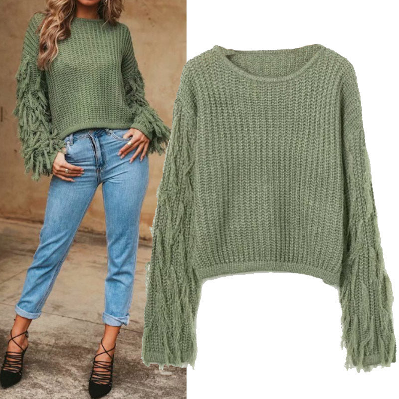 Damen trendiger Strickpullover mit ausgefallenen Fransenärmeln EB